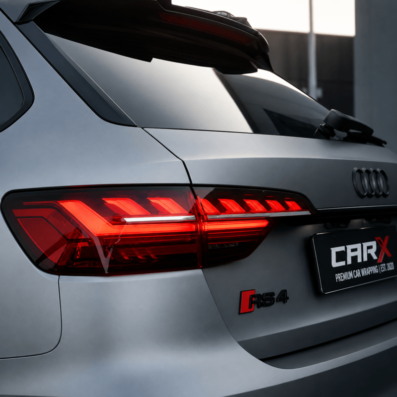 Silberner Audi RS4 mit leuchtendem LED-Rücklicht